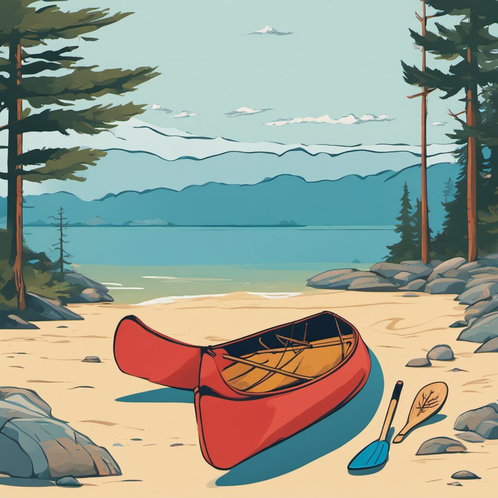 Bild eines Kanus auf ruhigem Wasser mit Paddelhalter im Vordergrund und Küste/Strand im Hintergrund. Ideal als Geschenk für Kanufahrende.