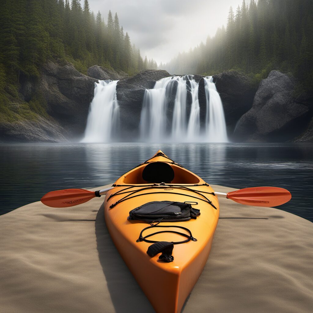 Kajak und Paddelhalter auf holprigem Untergrund, mit Wasserfällen im Hintergrund