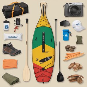 Paddeltasche mit Snacks, Wasser und weiteren Gegenständen in einem Kanu im Hintergrund - perfekte Geschenkidee für Kanufahrer