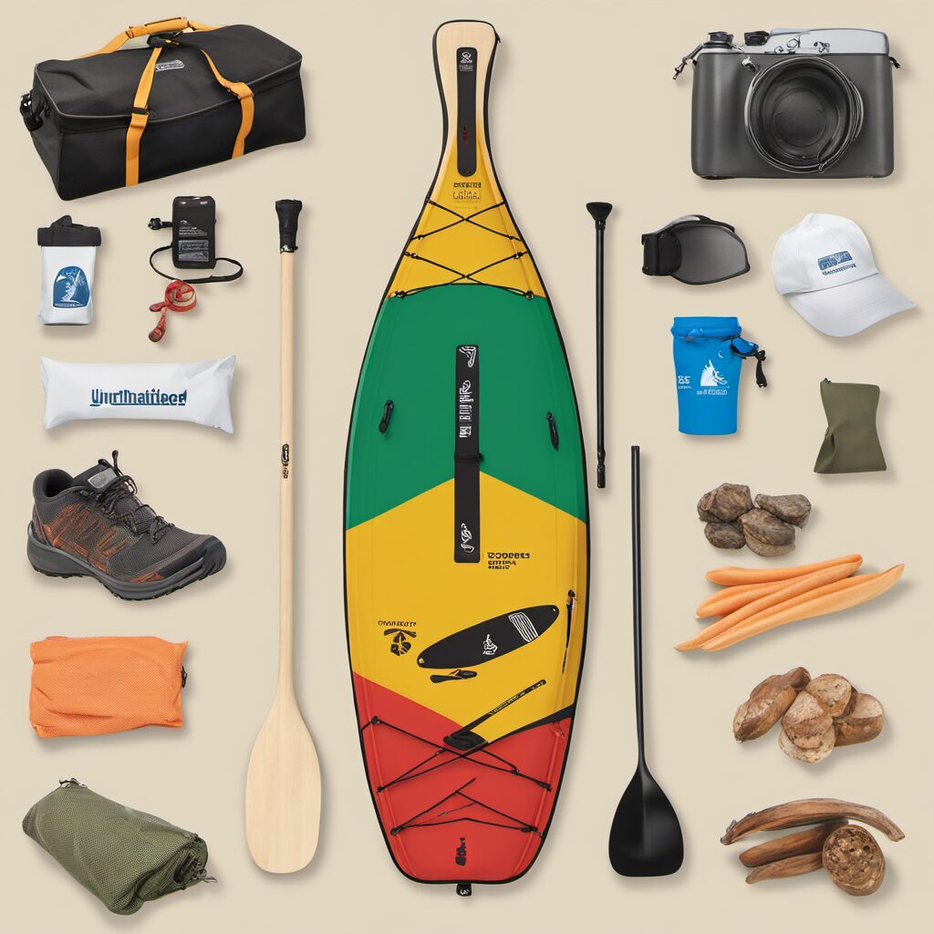 Paddeltasche mit Snacks, Wasser und weiteren Gegenständen in einem Kanu im Hintergrund - perfekte Geschenkidee für Kanufahrer