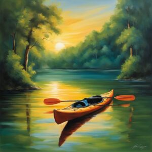 Ein Bild von einem Kajak im Wasser mit Paddel und Sonnenaufgang, perfekt für die nächsten Wassersport-Abenteuer.