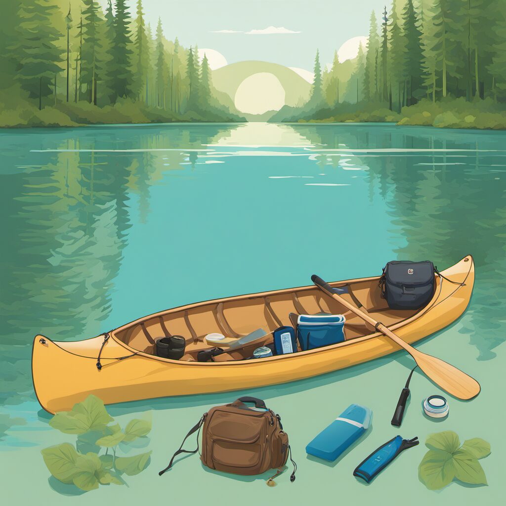 Paddeltasche im Kanu mit Ausrüstungsgegenständen, Wasserfreizeit, Abenteuer, Erholung