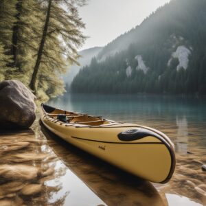 Titelbild: Kanu auf dem Wasser mit Paddler und verschiedenen Paddelzubehörs-Produkte als Geschenkideen für Kanufahrer