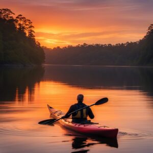 Ein freundlicher Kanufahrer genießt seinen Tag auf dem Wasser mit sicheren Paddeln im Hintergrund eines stilen Gewässers bei Sonnenuntergang. Ideal als Geschenk für Kanufreunde.