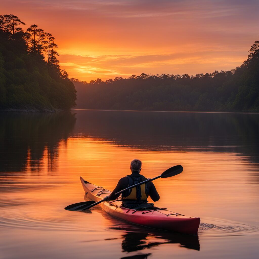 Ein freundlicher Kanufahrer genießt seinen Tag auf dem Wasser mit sicheren Paddeln im Hintergrund eines stilen Gewässers bei Sonnenuntergang. Ideal als Geschenk für Kanufreunde.