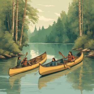 Kanufahrer nutzen Kajakhalter und Windpaddle zum Transportieren von Kanus in der Natur, ideal für Geschenke an Freunde oder Familie
