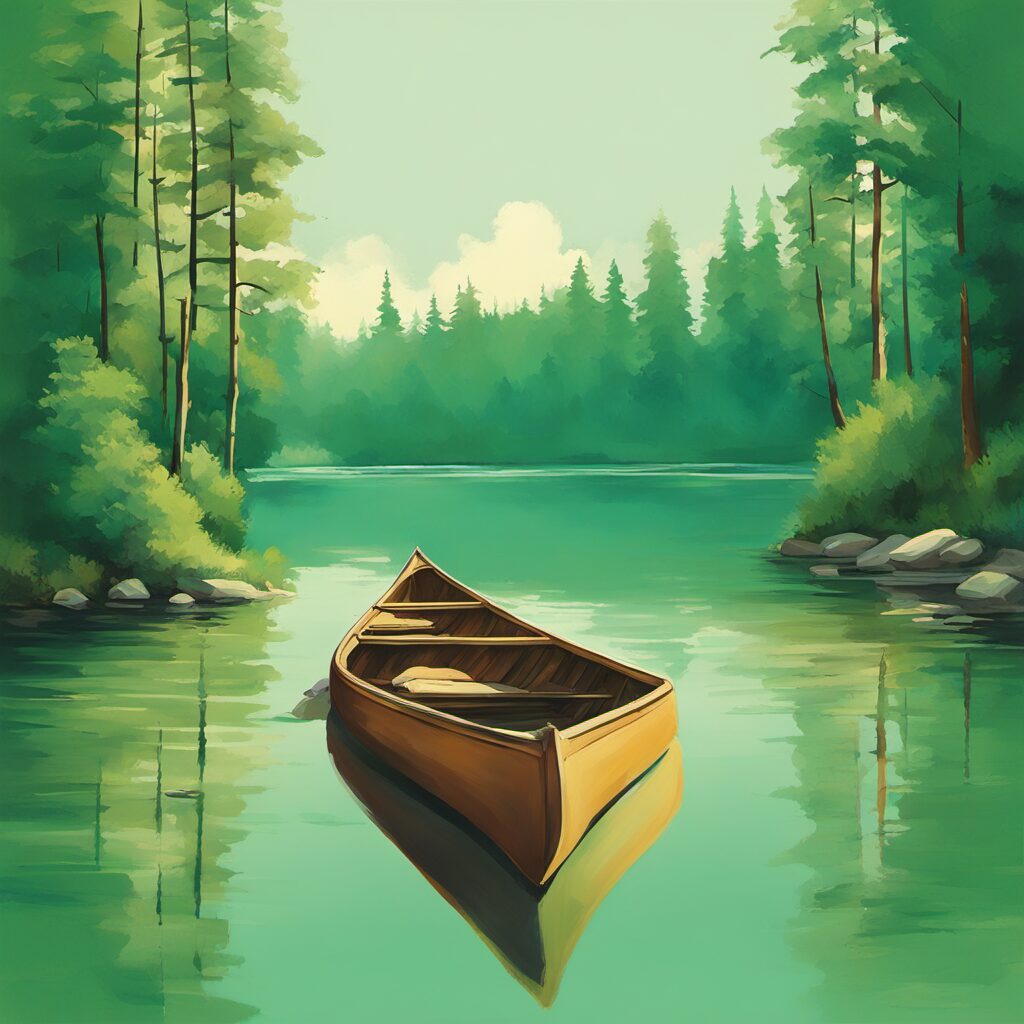 Ein Kanu in einem stillen See oder Fluss mit grünen Ufern - Perfekt für Anfänger und Abenteurer.