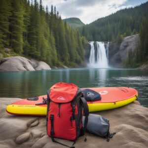 Paddeltasche mit Kanu oder Drachenboot im Hintergrund, ideal für Kanufahrer und Wassersportler