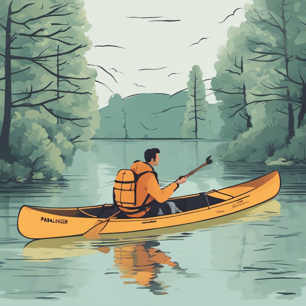 Ein Kanuboot auf einem See oder Fluss mit einem Paddler im Boot, der sein Paddel in einer Paddeltasche transportiert.