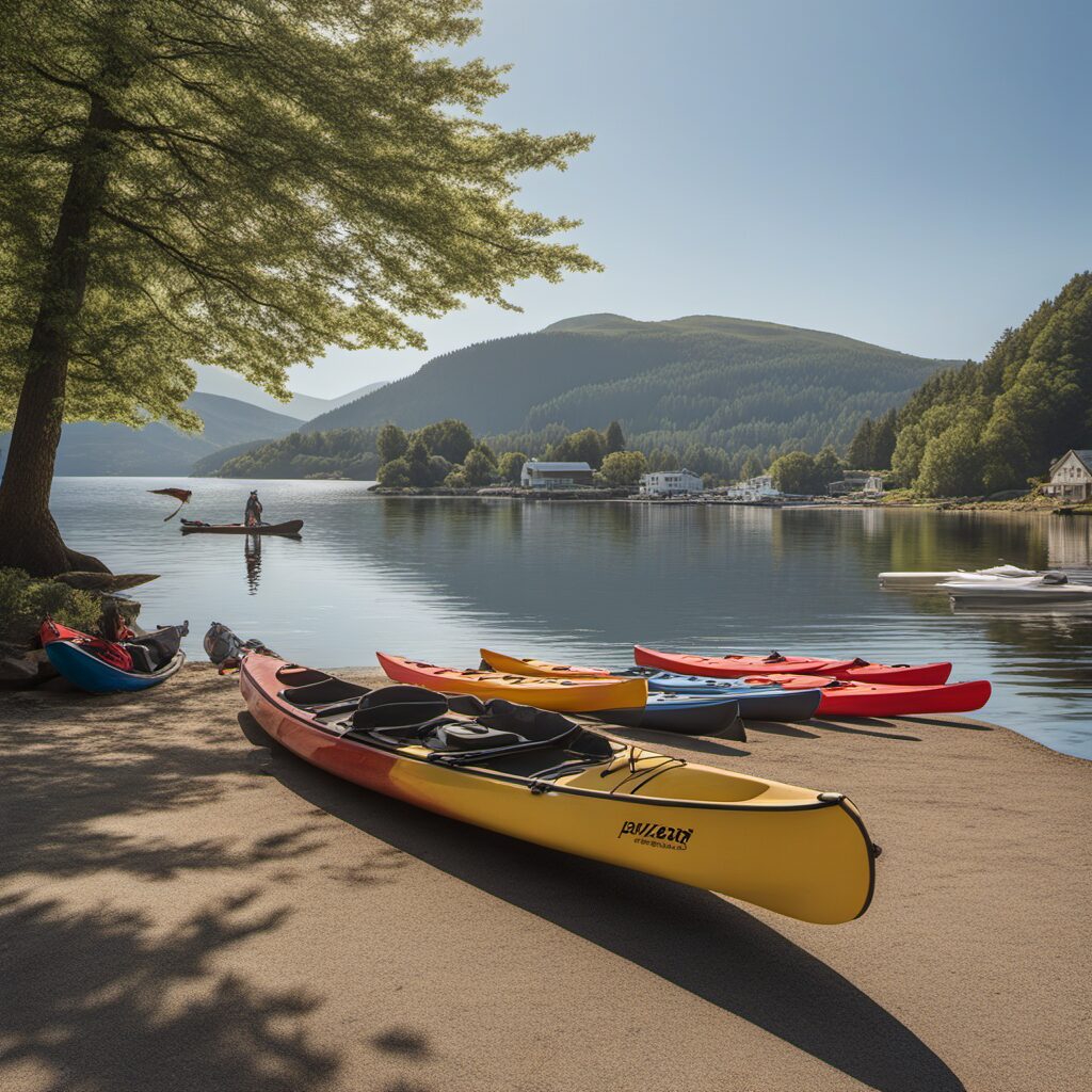Kanu und Kajak auf ruhigem Gewässer, mit Berg im Hintergrund, Paddler mit Lächeln und zwei Personen am Ufer